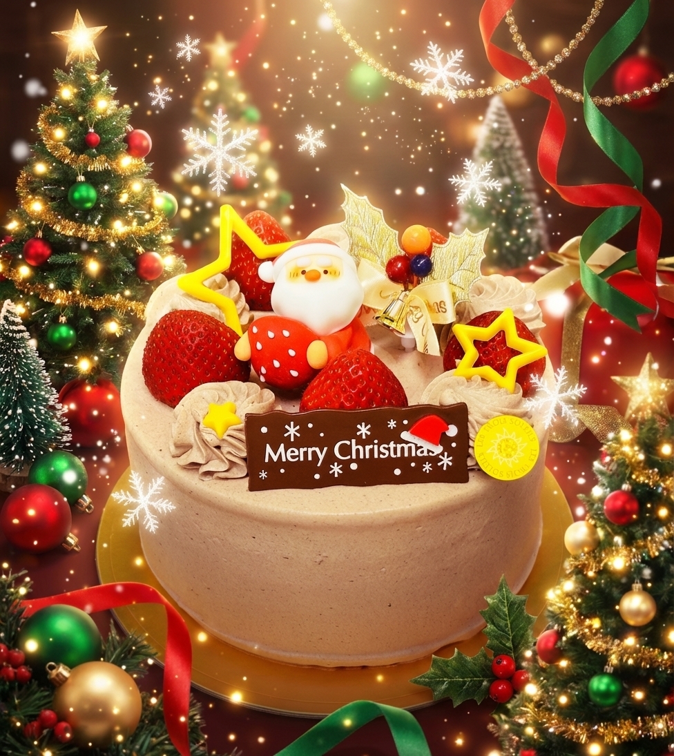 いつでもケーキのAI画像生成機能でクリスマス仕様に背景を差し替えたケーキ写真