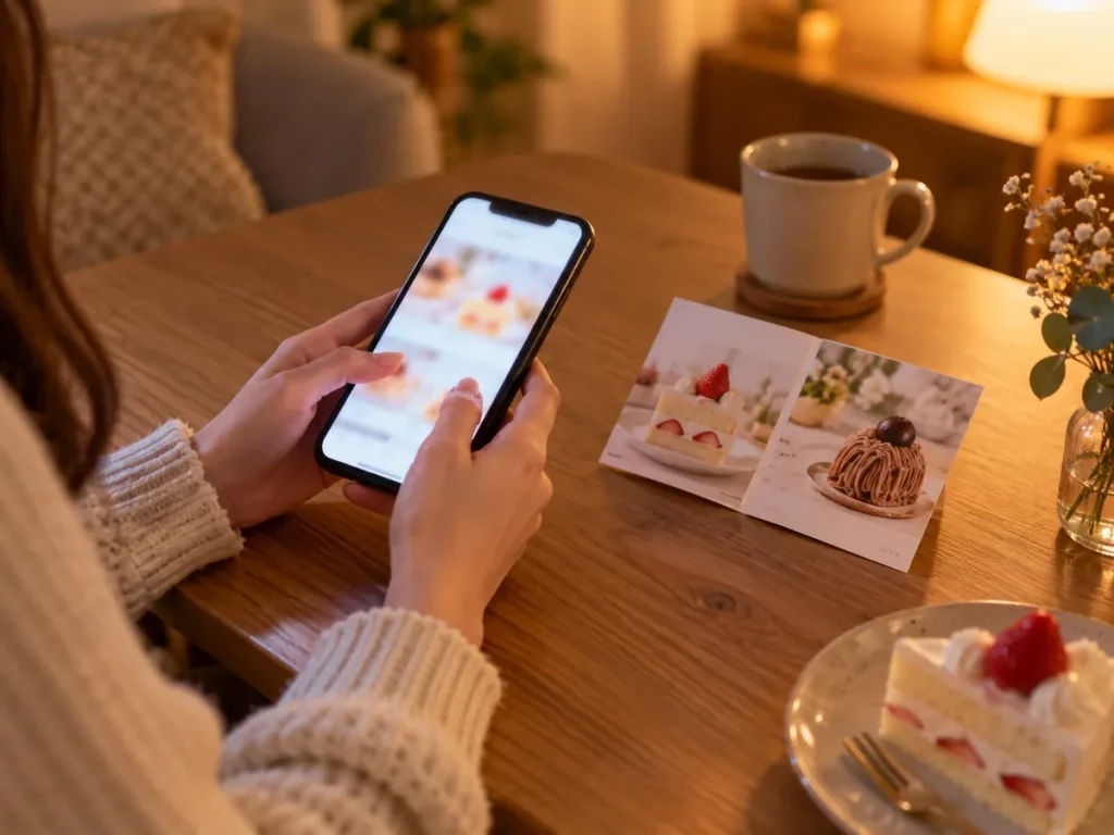 事前決済 ケーキ 予約 スマホで支払いを済ませる手元