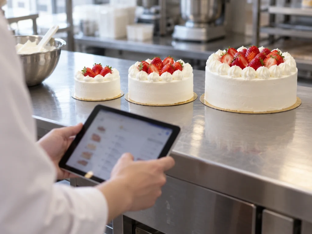 ケーキ屋さん 予約管理 厨房でタブレットの予約一覧を見る 号数の違うホールケーキ