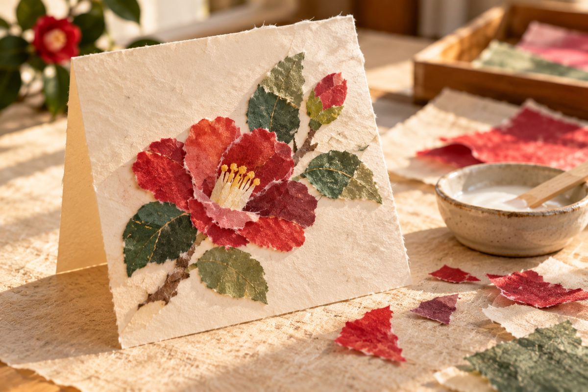 和紙をちぎって椿の花を描いた、ちぎり絵の手作り誕生日カードの作例