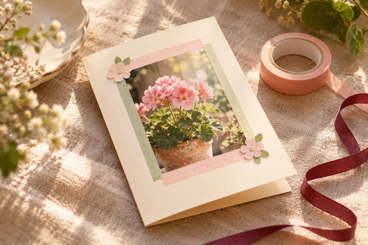 鉢植えの花の写真を貼り、マスキングテープで縁どりした高齢者向けの手作り誕生日カードの作例