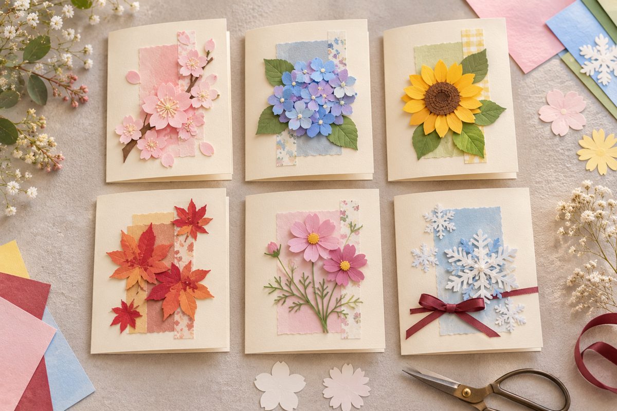 桜・紫陽花・ひまわり・紅葉・コスモス・雪の結晶など、誕生月の季節モチーフで作った手作り誕生日カードの作例
